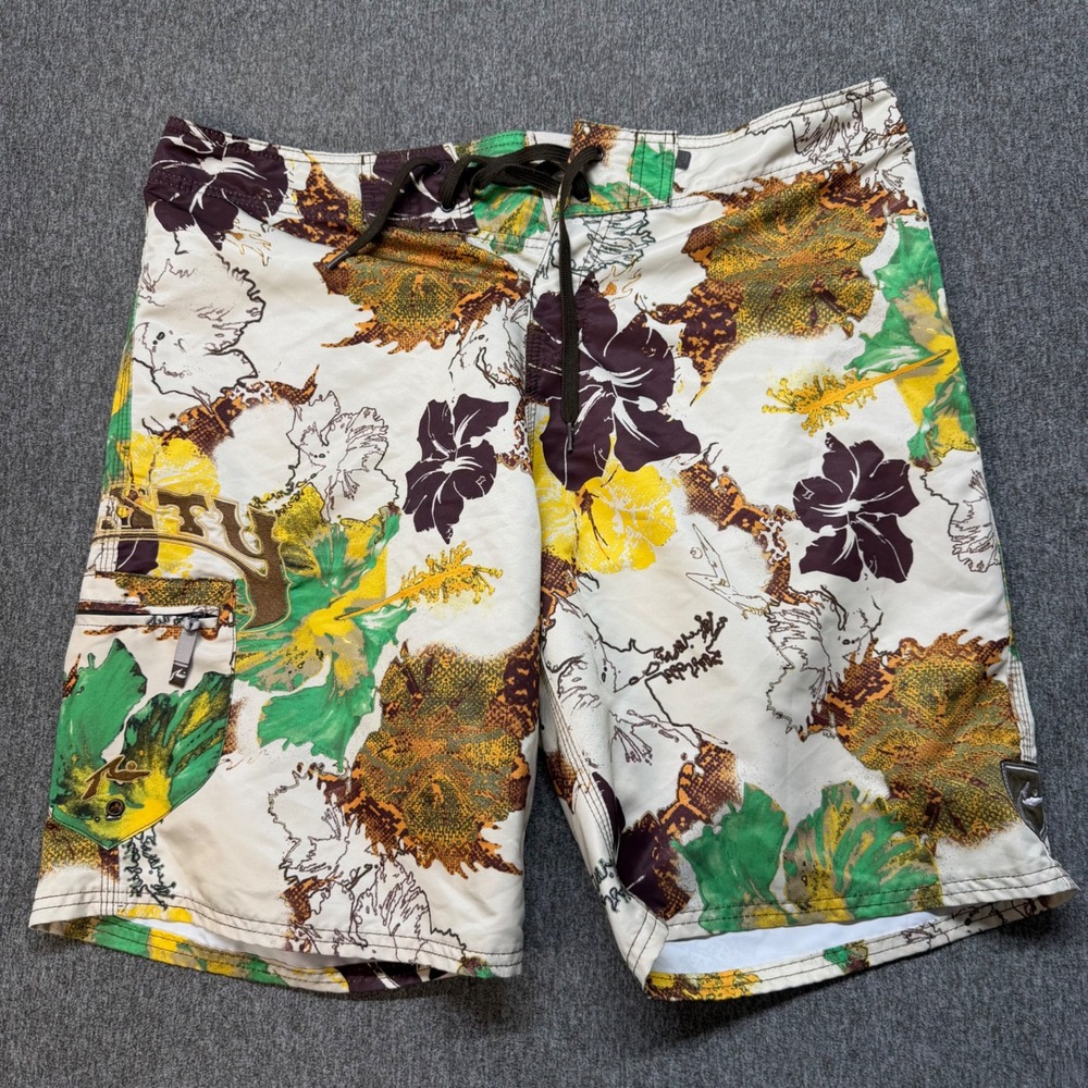 Rusty Mens Tropical Hibiscus Board Shorts White Green Brown Size 36
